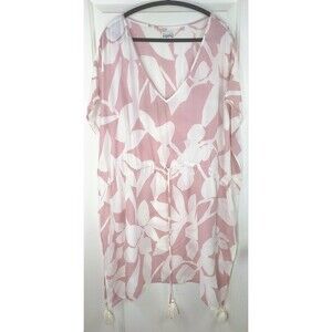 Poolside Paradiso Kaftan Cover Up Floral Pink White Tassel Drawstring XL 2XL